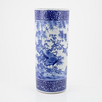 A blue and white japanese umbrella stand, 20th Century.