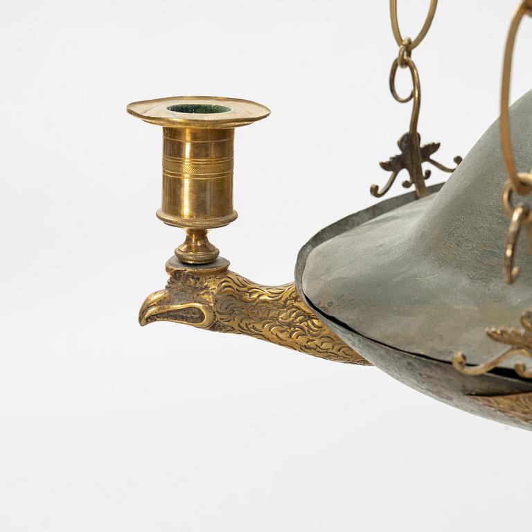 A Swedish Empire three-light gilt brass and tole hanging-light, early 19th century.