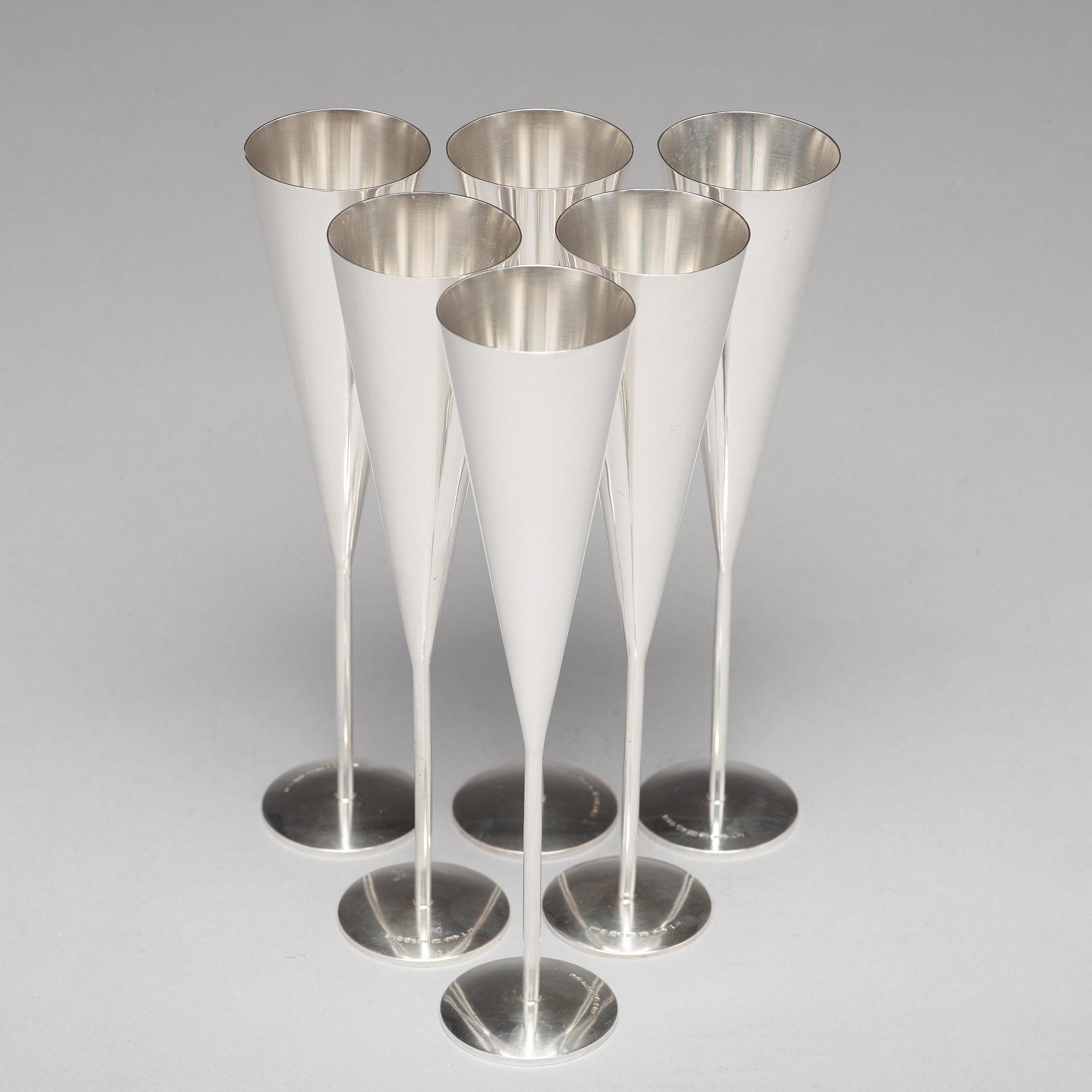 Eduard Gaudy, six sterling silver champagne flutes, Stockholm 1989.