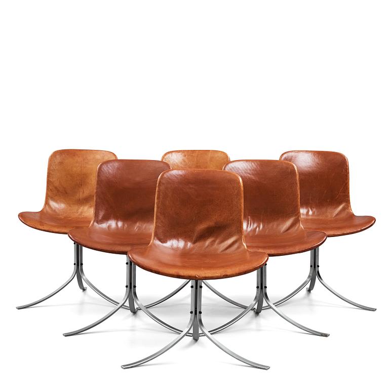Poul Kjaerholm, a set of six brown leather "PK-9" chairs, E Kold Christensen, Denmark 1960's.