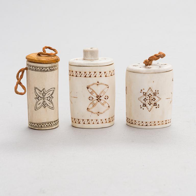 5 needle cases and 3 signed matchboxes, sami handicraft / duodji, first half of the 20th century.