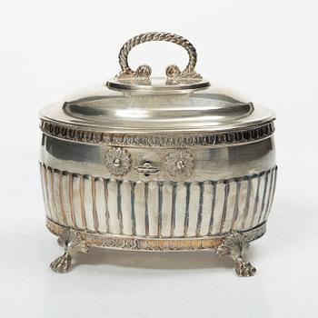 A Swedish silver coffee pot, cream jug and sugar box, Gustavian style, mark of AG Dufva, Stockholm 1911-1912.