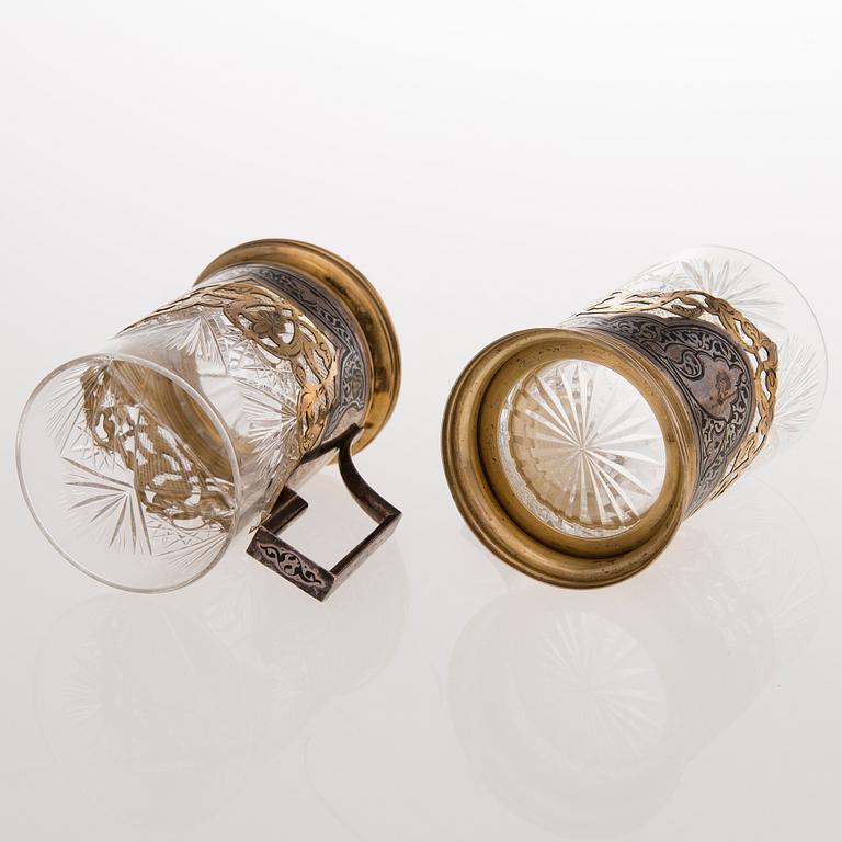 Six Russian tea glass holders, silver, metal and enamel, latter half of the 20th century.