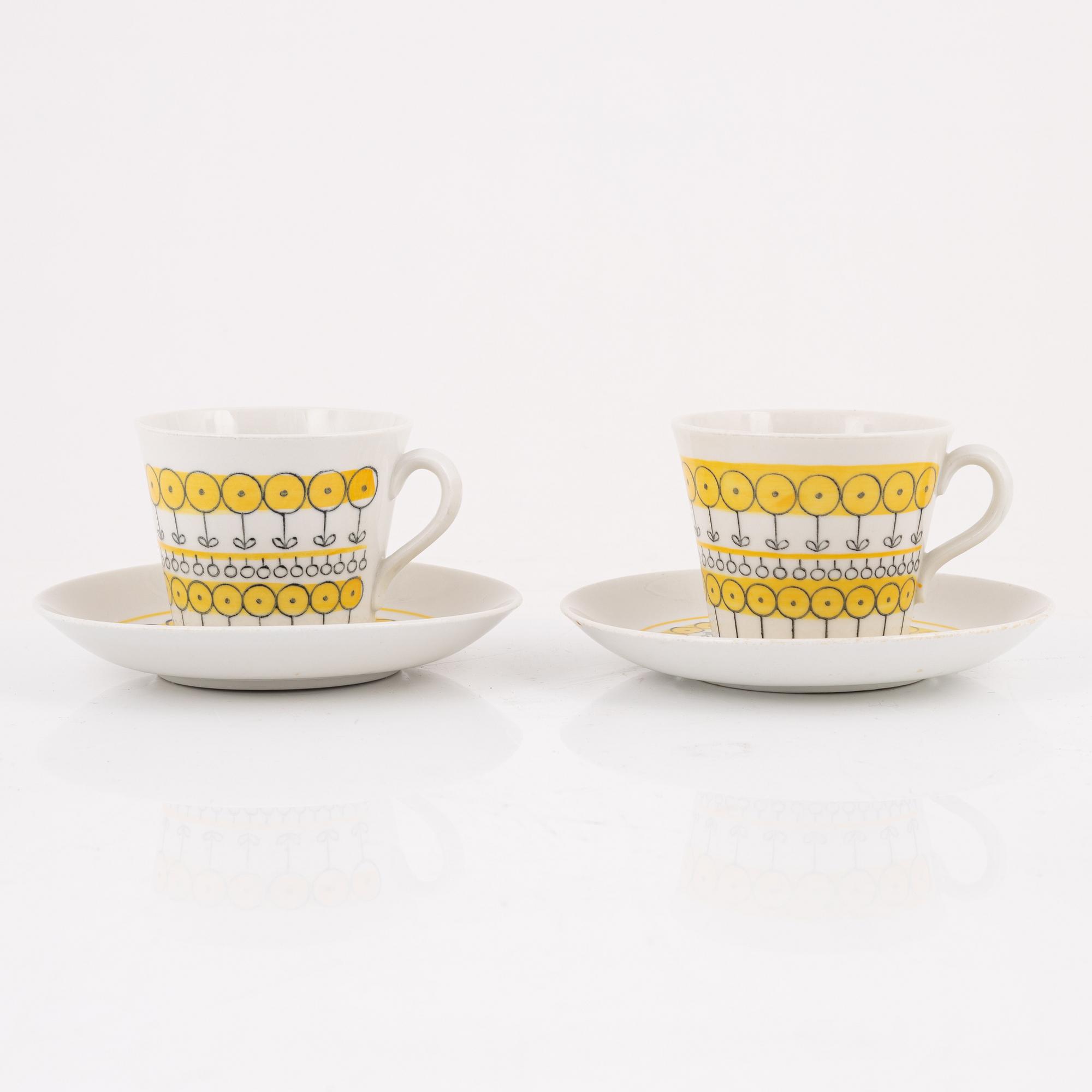 Berit Ternell, a set of six porcelain teacups with saucers, Upsala-Ekeby 1960-62.