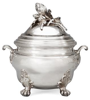 574. A Louis XV 1740's silvered brass/argent haché tureen with cover stamped with C couronné.