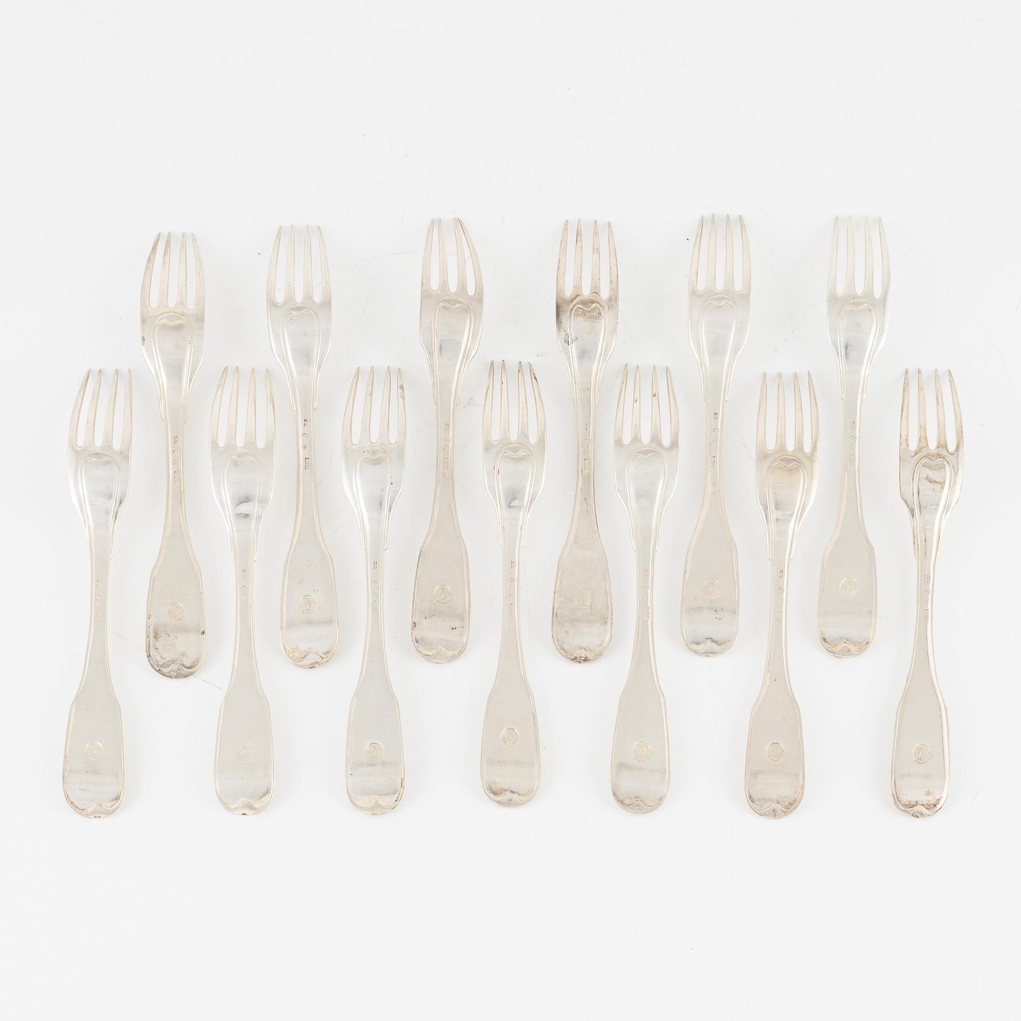 13 silver forks, Carl Magnus Ryberg, Stockholm, 1806.