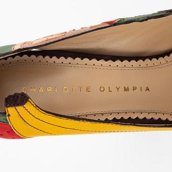 Charlotte Olympia, a pair of leather, suede and wood pumps, size 36.