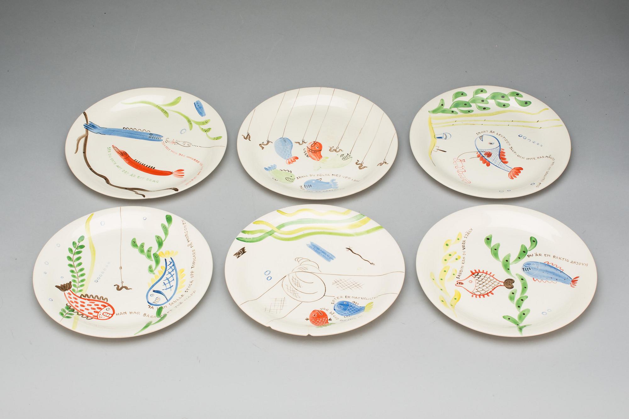 FISKTALLRIKAR, 13 st, flintgods, "Löja", Stig Lindberg, Gustavsberg.