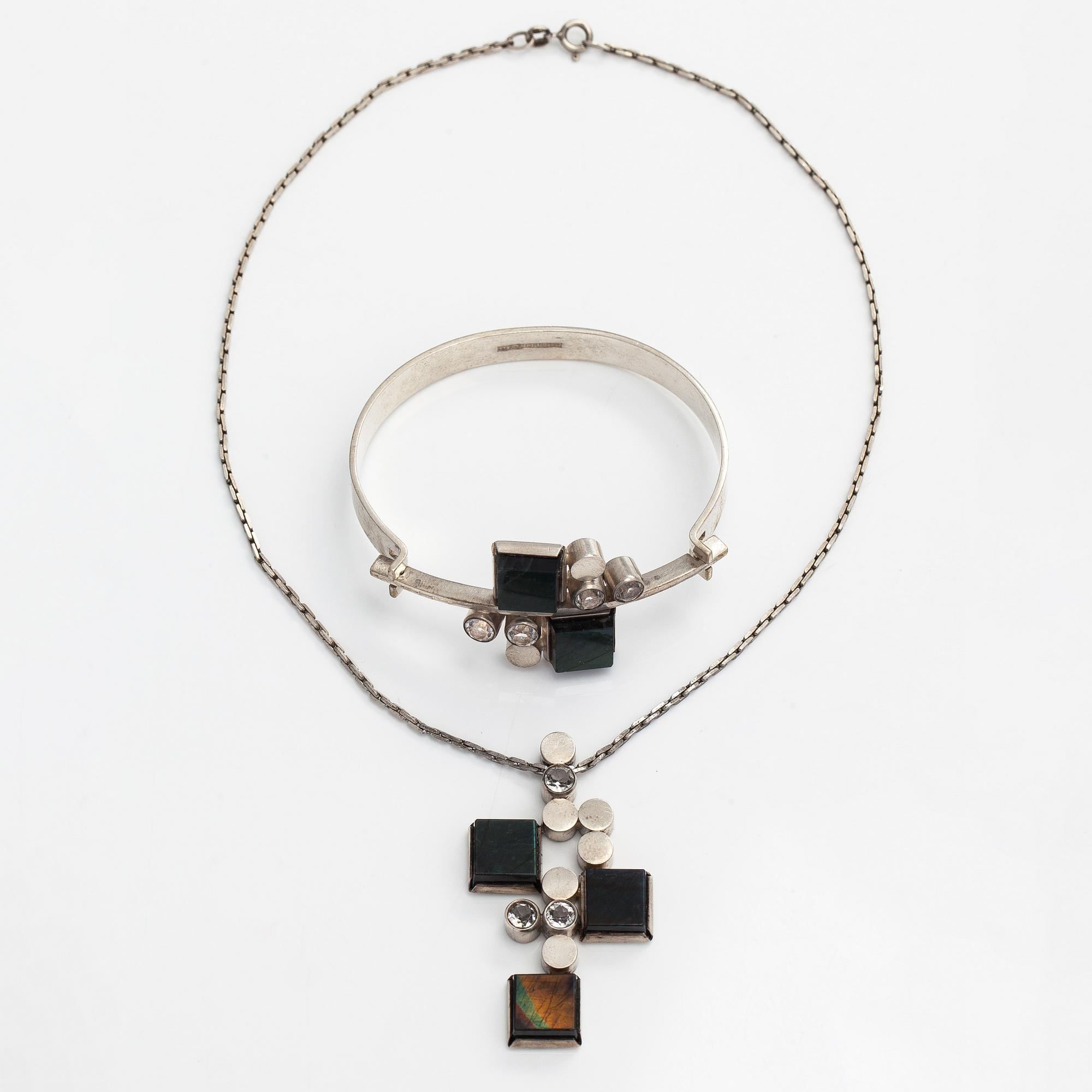 Elis Kauppi, pendant and bracelet, silver, spectrolite, Kupittaan Kulta, Turku 1965.