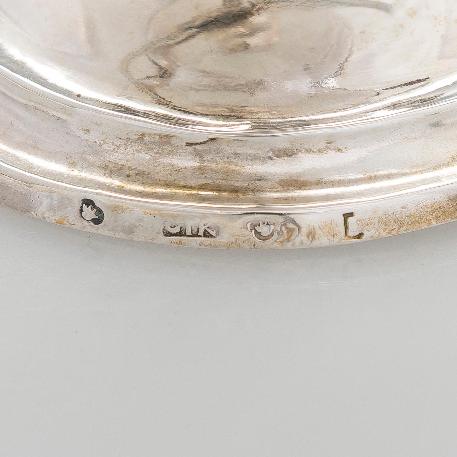 Saltkar, silver, C. I. Rindell 1810-37, och matskedar, 6 st, silver, A. Mörck, Björneborg 1800-talets första hälft.