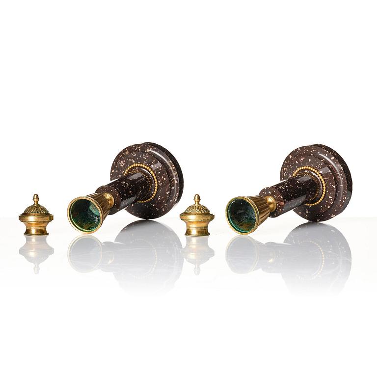 A pair of late Gustavian Swedish porphyry and ormolu cassolettes.