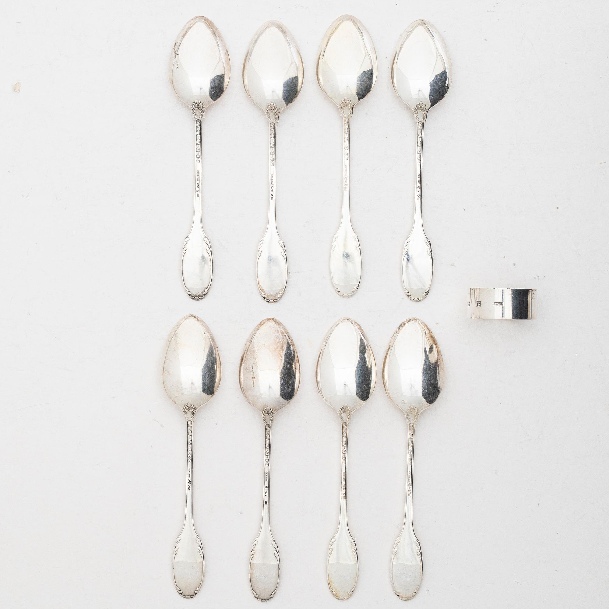 Table spoons, 8 pcs, and a napkin ring, silver, including WA Bolin, Stockholm.