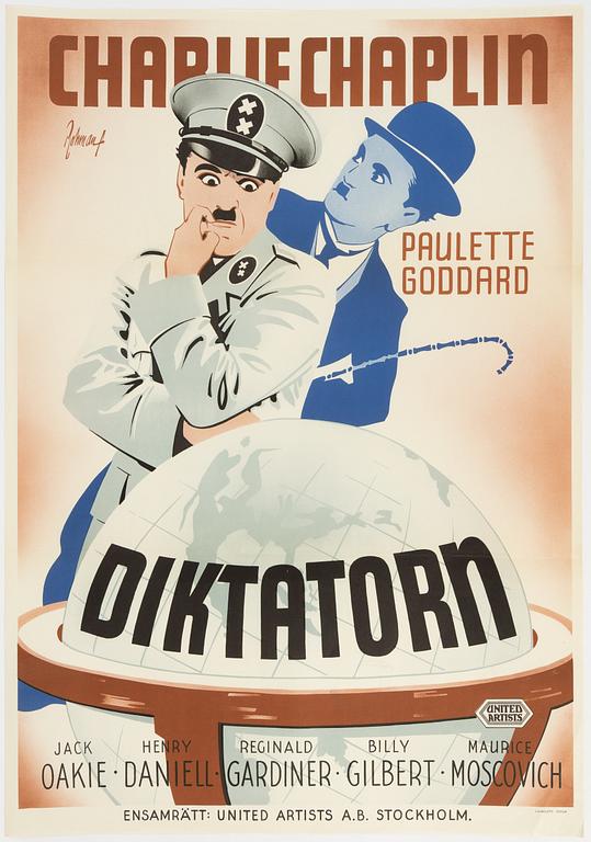 Eric Rohman, litografisk filmaffisch, "Charlie Chaplin Diktatorn", Ljunglöfs, Stockholm, 1945.