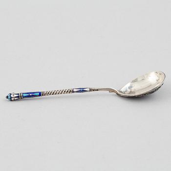 A Russian silver and enamel spoon, Moscow, 1908-26.