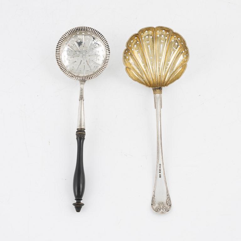 Two Swedish Silver Sprinkle Spoons and Two Dishes.