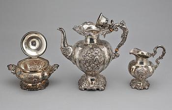 KAFFESERVIS, 3 delar, silver, sterling, rokokostil, bland annat Pehr Fredrik Palmgren, 1863, Stockholm. Vikt 1744g.