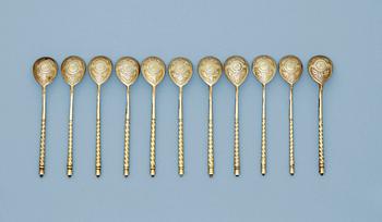 A set of eleven Russian silver-gilt mocca-spoons, possilby of Alexei Silayev, Moscow 1880's.