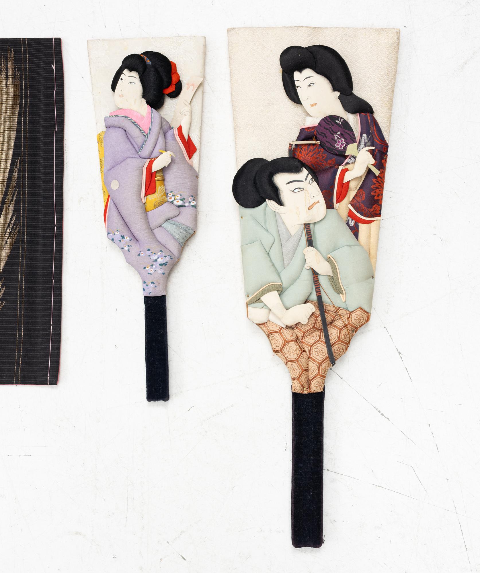 A set with two Japanese silk brocade belts, obi and two  hagoita wooden paddles, early 20th century.