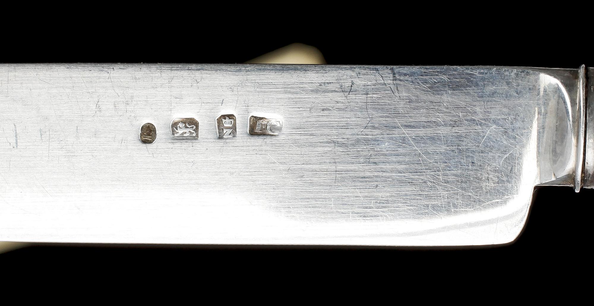 BESTICK, servisdelar, 28 st, silver, ben, England, bla Sheffield. 1800-1900-tal.