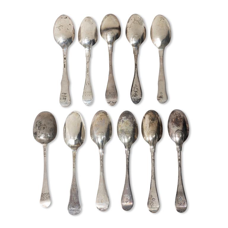 Eleven Swedish silver spoons, 18th/19th century.