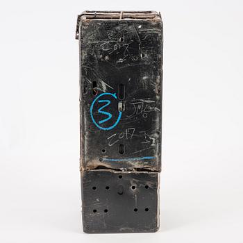 Jason Matthew Lee, hardrive magnets, animal trap, on cut and welded payphones. Executed in 2017.