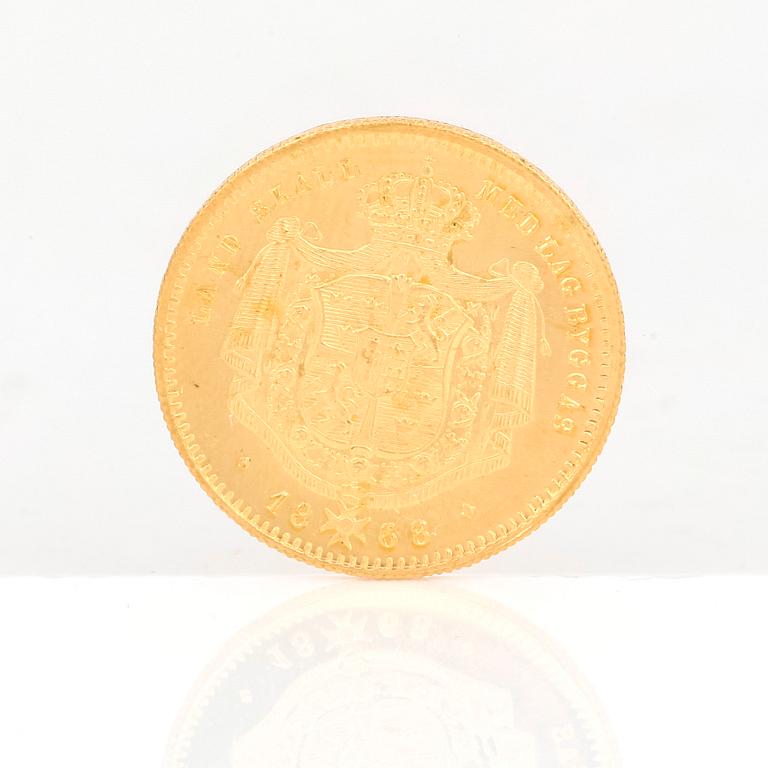 GULDMYNT, 1 Dukat, Karl XV av Sverige och Norge, 1868. Vikt ca 3,5 gram.