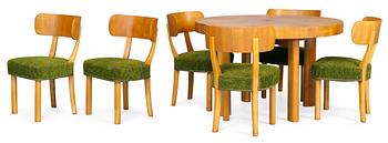 An Axel Einar Hjorth dinner table with 6 chairs "Birka" in ashe wood, by Nordiska Kompaniet, 1930's.