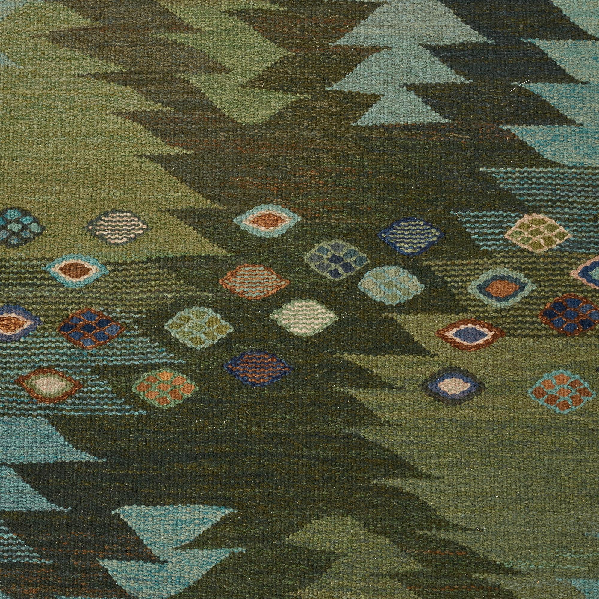 Barbro Nilsson, MATTO, "Tånga, grön", flat weave, ca 246,5 x 170 cm, signed AB MMF BN.