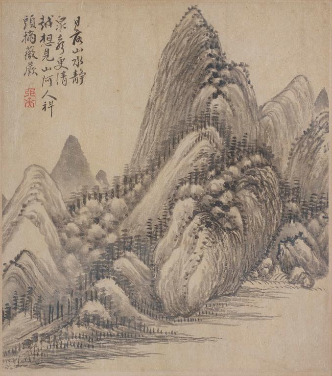 Zhang Geng (1685-1760), albumblad, nio stycken, akvarell och tusch på papper. Qingdynastin, daterad 1728.