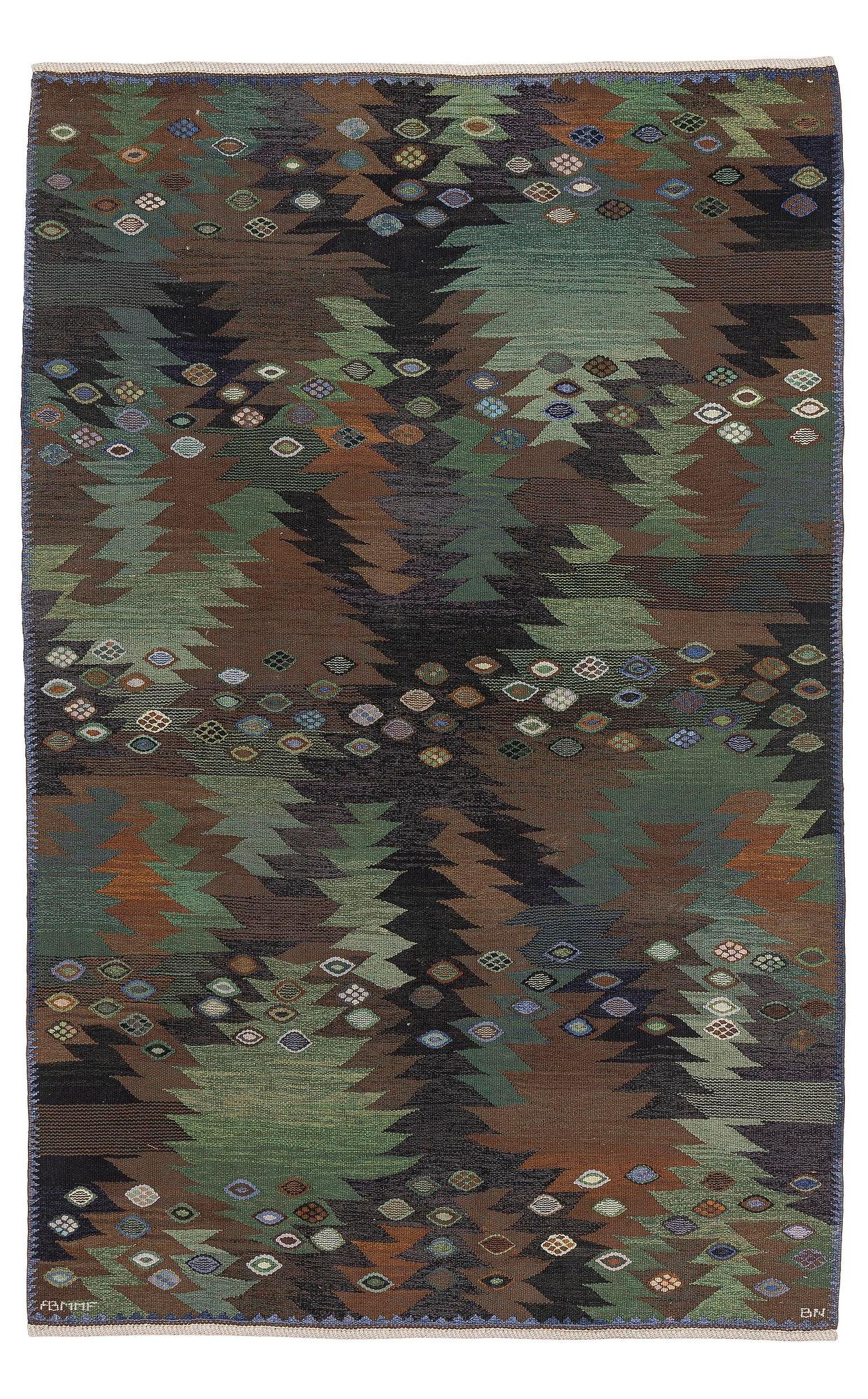 Barbro Nilsson, a carpet, 'Tånga brun och grön', tapestry weave, c. 286 x 186 cm, signed AB MMF BN.
