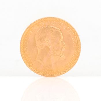 GULDMYNT, 10 kronor, Oscar II av Sverige och Norge 1901. Vikt ca 4,5 gram.
