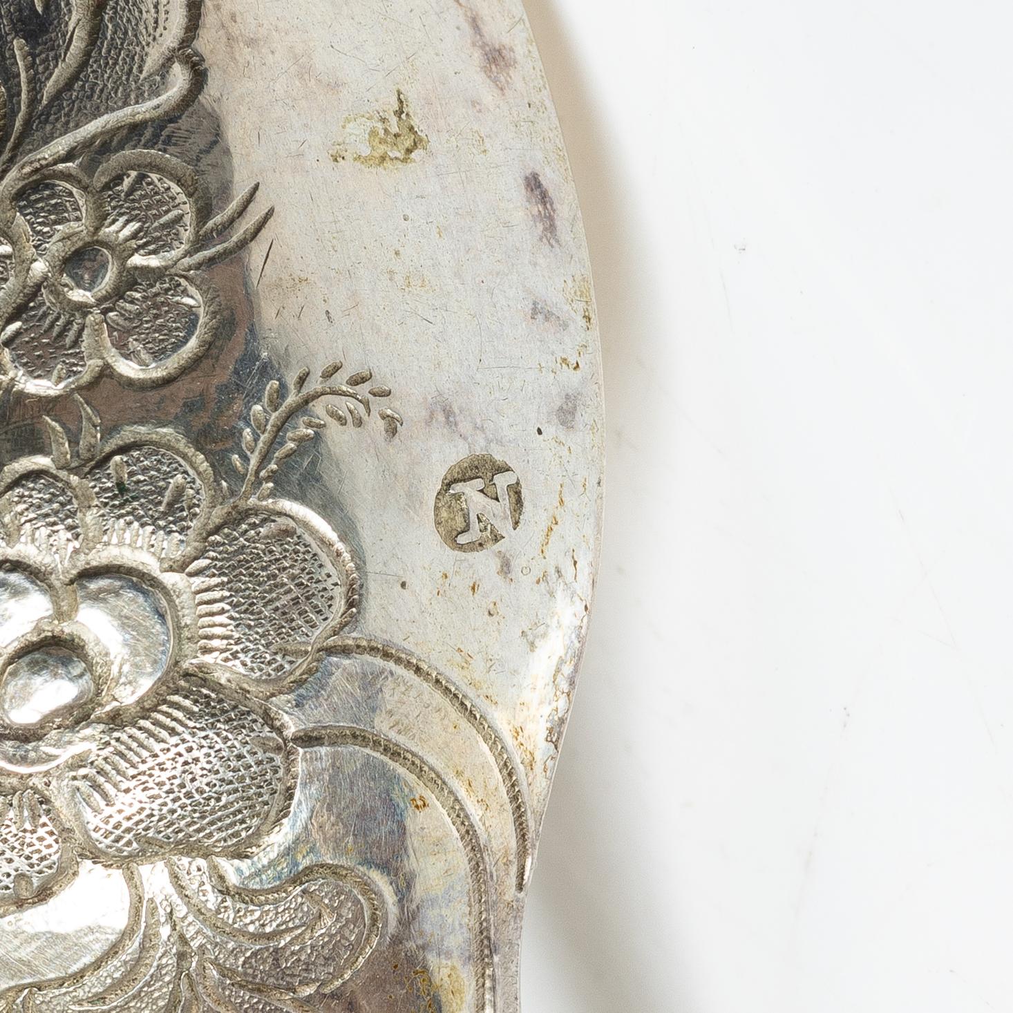 Nicolaus Wollenberg, födelsedags- eller äktenskapssked, silver, Nürnberg 1785-1789.