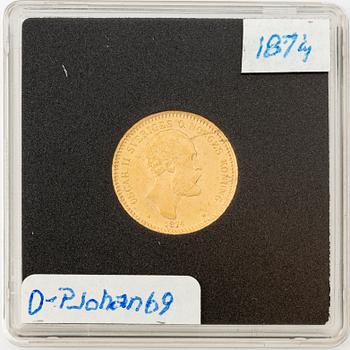 Gold coin, Oscar II, 10 kronor, type I, Sweden 1874.