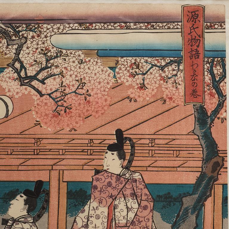 UTAGAWA KUNISADA, även kallad Toyokuni III (1786-1864), triptyk, färgträsnitt. Japan, "The Tale of Genji".