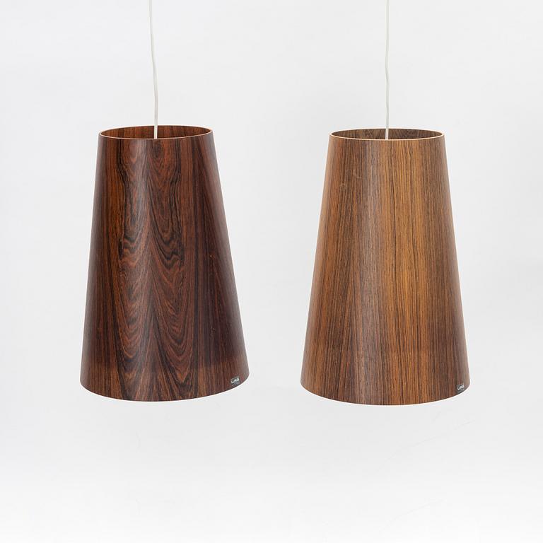 Uno & Östen Kristiansson, a pair of rosewood veneered model 506 ceiling lights, Luxus, Vittsjö, 1960's.