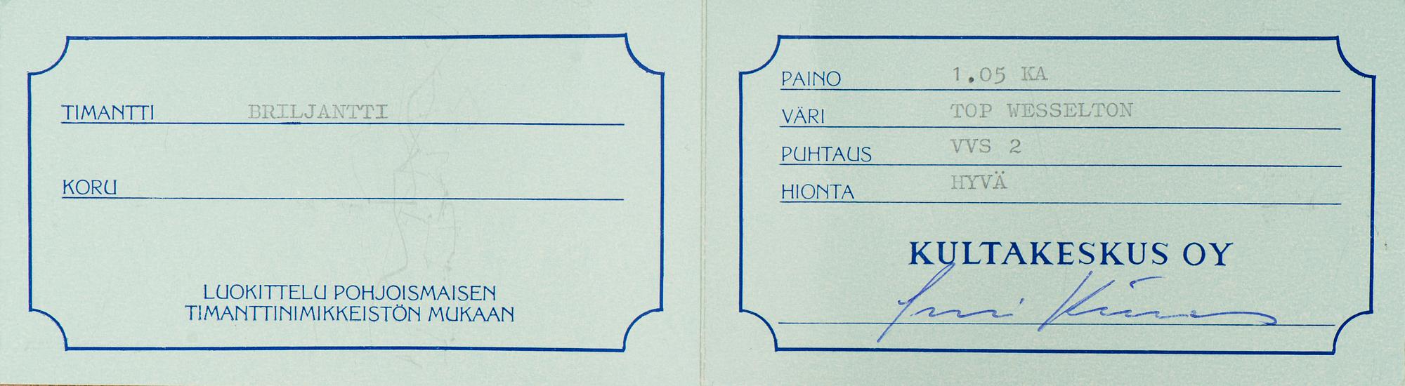 A DIAMOND, brilliant cut, TW (F-G) /VVS2 1,05 ct.