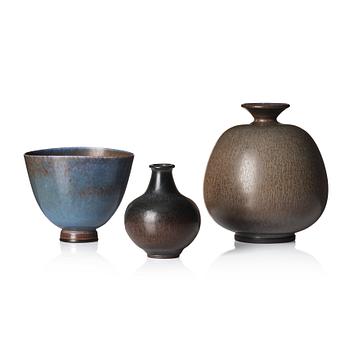 Berndt Friberg, a set of two stoneware vases and a bowl with rabbit's fur glazes, Gustavsberg Studio, Sweden, dated 1944-45, 1956, 1958.