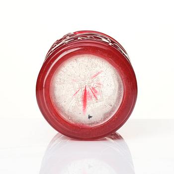 A ruby red overlay Beijing glass 'chilong' brush pot, with a seal mark.