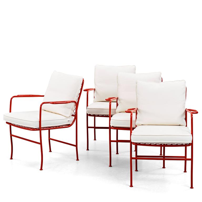 JOSEF FRANK, a set of four steel garden chairs, model 591, lacquered in red, Firma Svenskt Tenn.