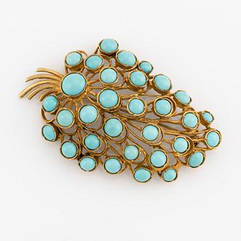 Brooch, 18K gold with turquoises.