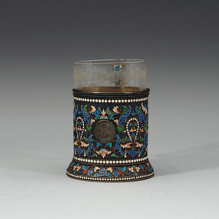 A Russian 19th century silver-gilt and enamel tea-glass holder, unidentified makers mark, Moscow 1880's.