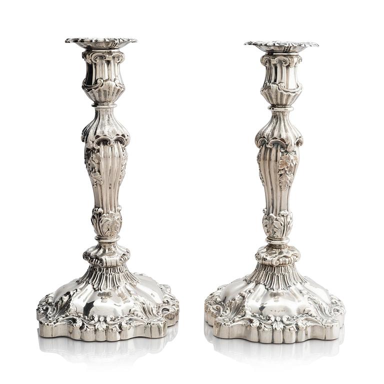 A pair of silver candlesticks, marks Gustaf Möllenborg, Stockholm 1845.