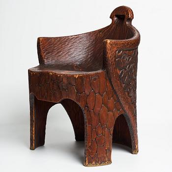 Gustaf Fjaestad, a pair of Art Nouveau carved pine chairs "stabbestolar", Arvika Sweden 1908-1909.