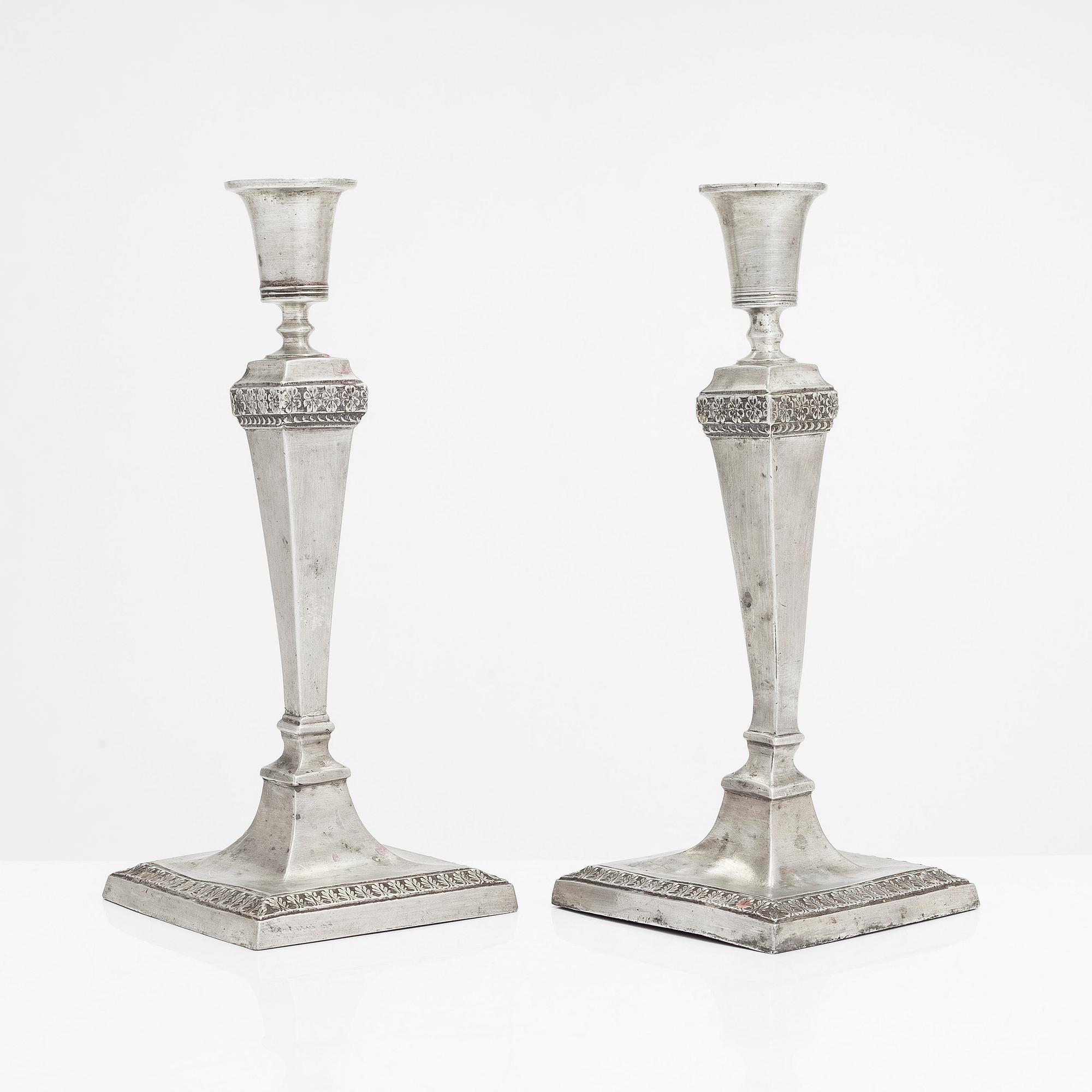 Johan Petter Fagerström, A pair of pewter candlesticks from Kalmar, 1823.