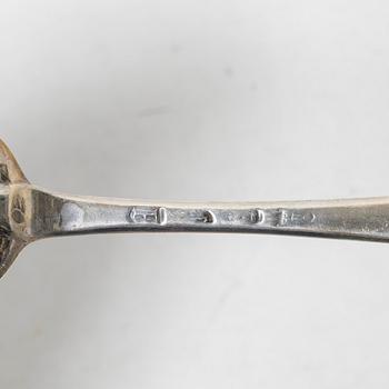 Five silver spoons, England and Sweden, 18th century.