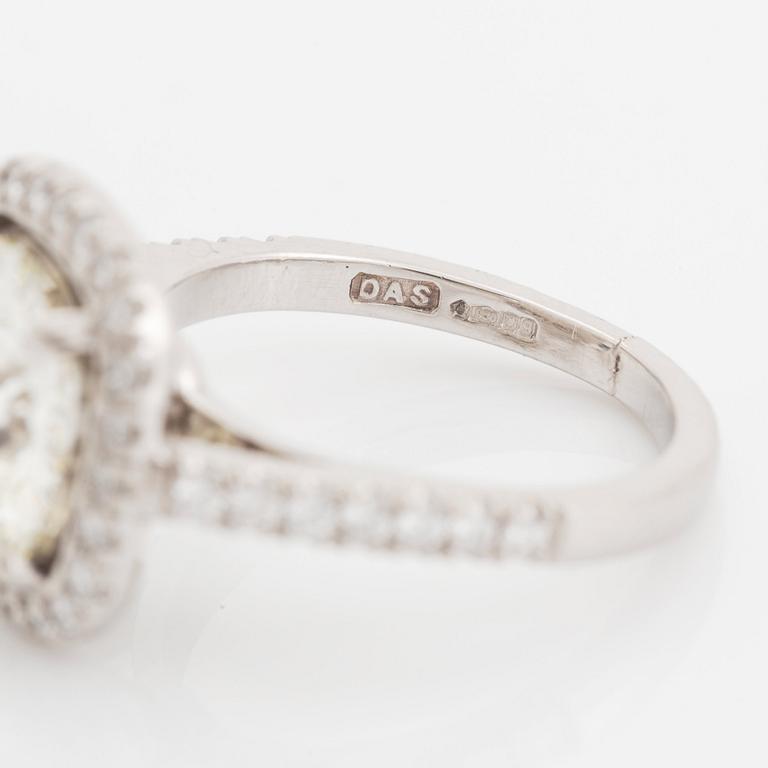 A platinum ring set with a cushion formed old-cut diamond 3.39 cts J vs1 according to accompanying HRD-certficate.