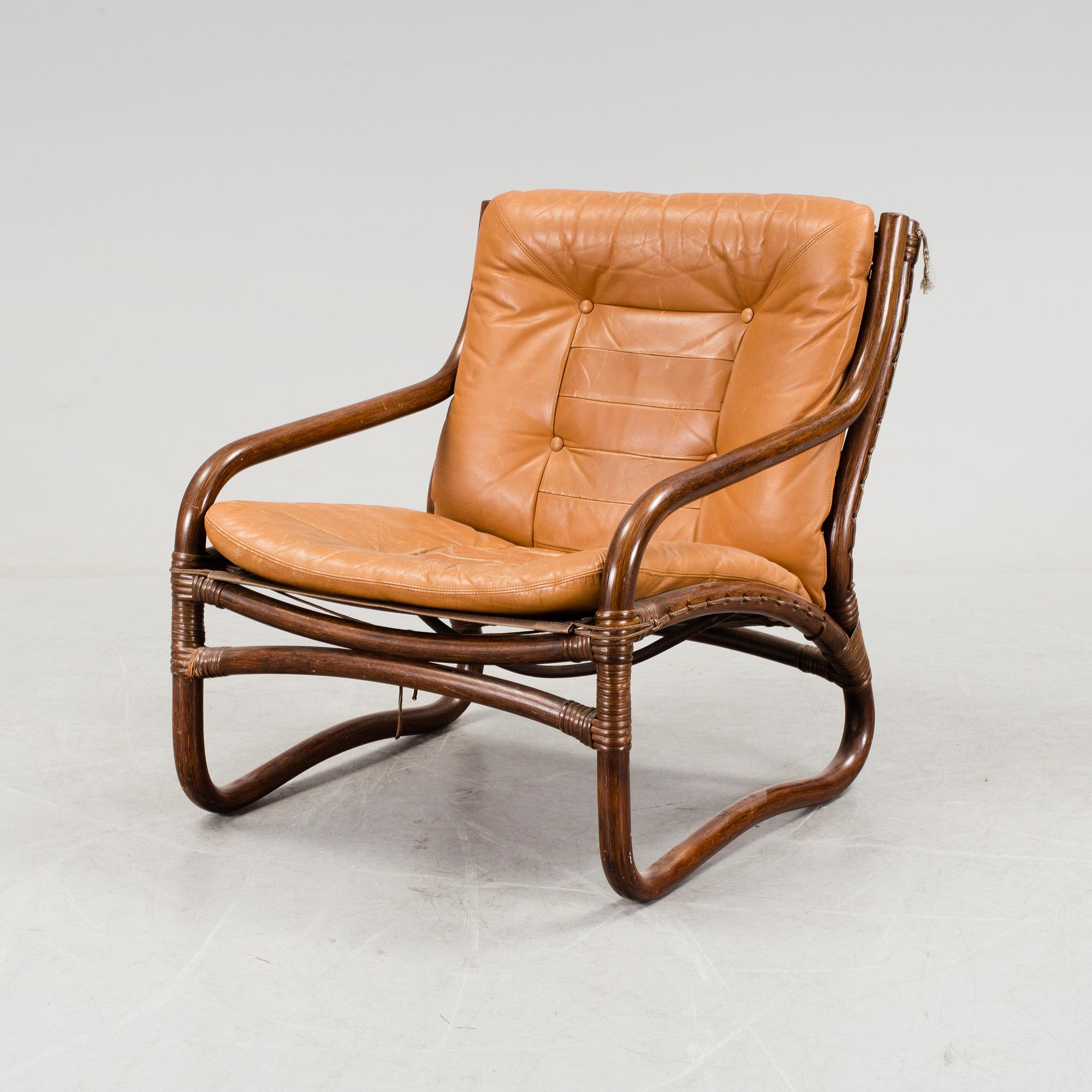 A bamboo and leather armchair, 1970's.