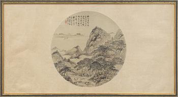 Oidentifierad konstnär, s.k. "Solfjädersmålning", Figurer i bergigt flodlandskap, Kina, sen Qingdynasti/1900-tal.