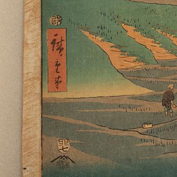 Ando Utagawa Hiroshige, two colour woodblock prints, Japan, 1855.