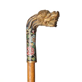 A Chinese bamboo walking cane with a cloisonné handle, late Qing dynasty/early 20th Century.